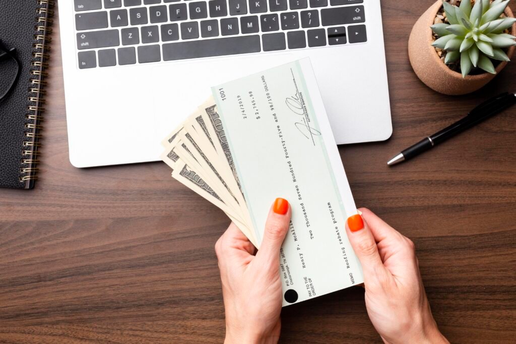 US Treasury stimulus check surrounded by happy American families,
