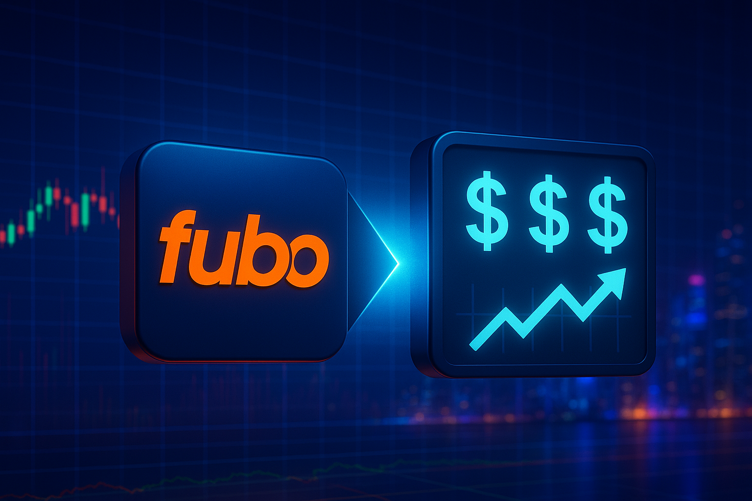 FuboTV logo on a futuristic stock market graph, with rising and falling lines symbolizing market volatility, sports-themed background.